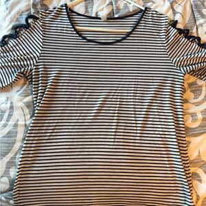 Navy & White Striped Short Sleeve Top with Ladder Cutouts